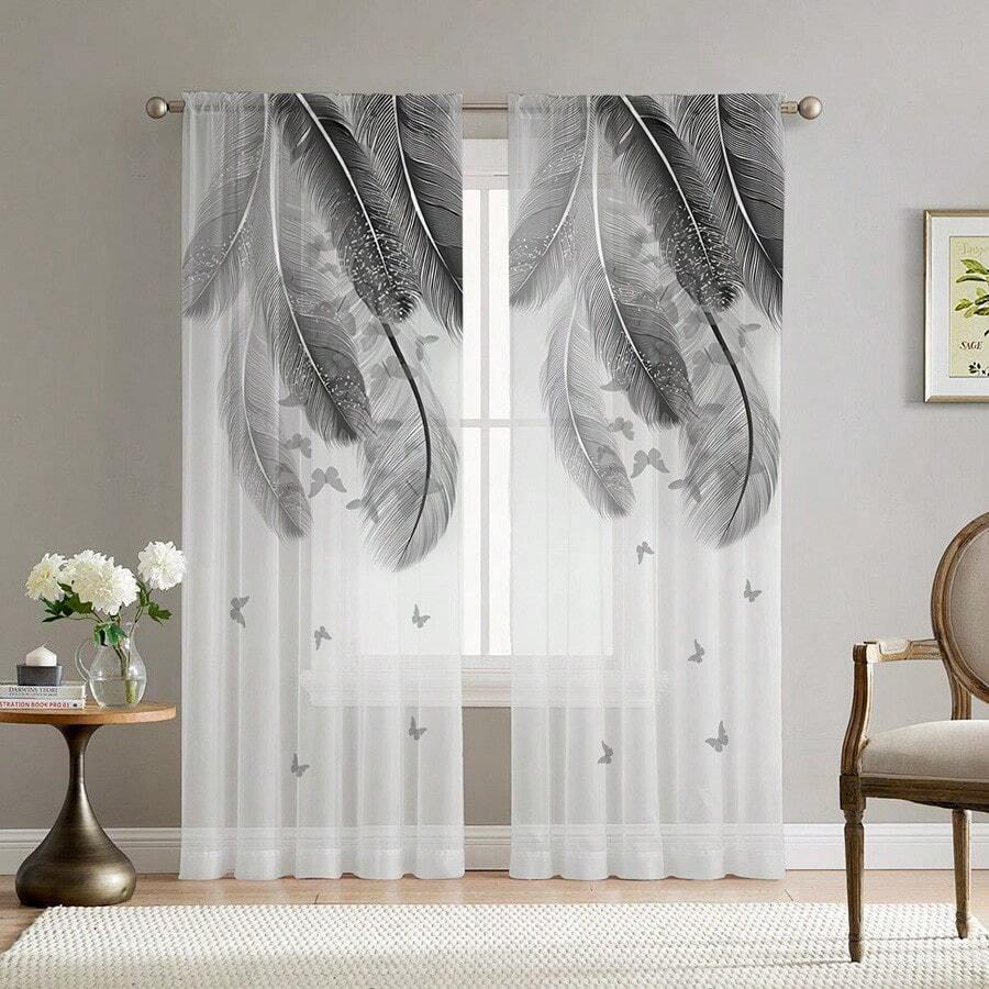 2pcs Set Gray & White Feather Print Sheer Curtains - Rod Pocket, Machine Washable Polyester For Living Room & Bedroom Decor, HD Digital, Window Screen, Decorative, Study - Multicolor - View 1