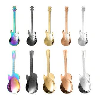 5pcs/Set Stainless Steel Guitar-Shaped Spoons, Multicolor Creative Flatware Set, Suitable For Coffee, Milk, Ice Cream And Candies! Applicable For Restaurant/Cafe Back To School