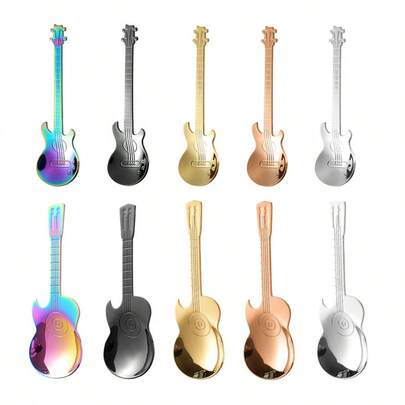 Set de 5 cucharas con forma de guitarra de acero inoxidable, juego de cubiertos creativos de colores múltiples, aptos para café, leche, helado y dulces. Aplicables para restaurantes/cafeterías, vuelta al cole