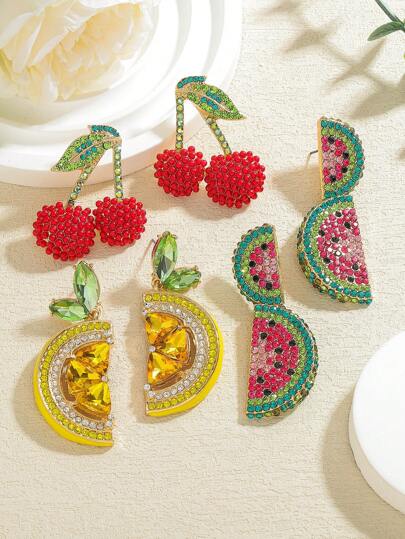 1 par de pendientes colgantes con diseño de esmalte y rhinestones con forma de limón, cereza y sandía, estilo bohemio, para mujer, apropiados para uso diario, de primavera y verano, de moda casual