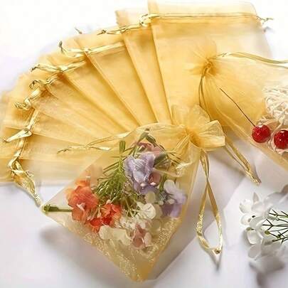 50 PIEZAS Bolsas de regalo con cordón puro, Bolsas de regalo de boda de organza dorada, Bolsas de regalo de joyería de Navidad