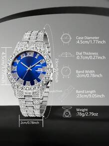 Conjunto de 3 pulseras de reloj de hombre de aleación de plata, con esfera azul con calendario, escala romana con brillantes, reloj de cuarzo, pulsera y collar de joyería, adecuado para uso diario o como regalo a amigos