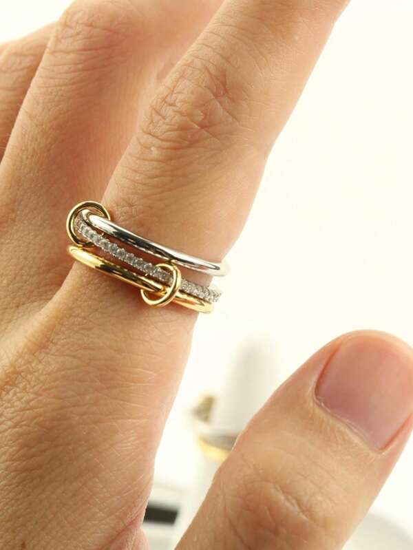 1pc Stacked Ring With Three Rings, Inlaid With Synthetic Zirconia Stone, Copper Material, Fashionable & High-End Women's Wedding Ring