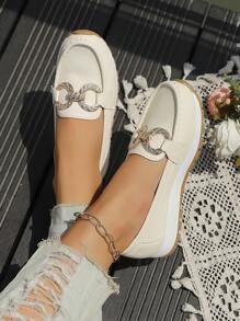 New Fashion Thick Sole Wedge Heel Casual Slip-On Flat Shoes, Sweet Cute And Versatile For All Seasons, Patchwork Metal Chain Decoration, Daily Commute & Vacation, High-Top Increased Height, Classic PU Leather Round Toe Comfortable Soft Beige Ladies Sneakers