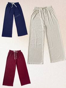 Kit de 3 pantalones de pierna amplia para mujer, multicolor, casual y elegante, tela de algodón y poliéster, bolsillos funcionales, ajuste de cintura natural con resorte y cordón, frescos y ligeros, ideales para temporadas de primavera, verano e inicios de otoño. Te llegarán 3 pantalones en colores al azar.