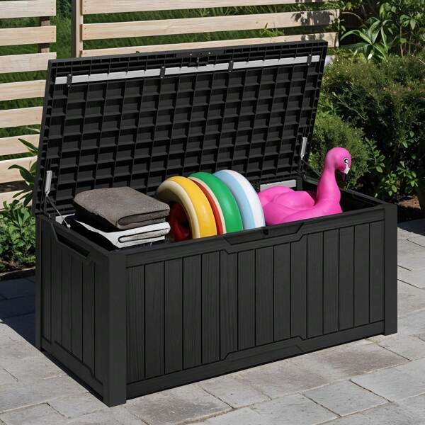 120 Gallon Outdoor Storage Box - Waterproof Deck Box With Lock - Stores Garden Tools, Patio Cushions & Pool Accessories - Converts To Bench/Table - Easy Assembly