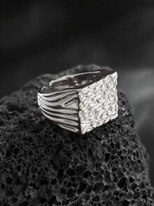 1pc Rectangular Men's Geometric Hammered Textured Retro Fashion Open Ring - Silver - View 2