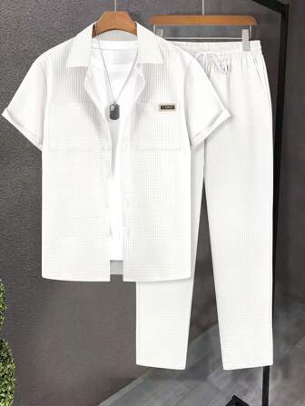 2pcs Casual Set For Men, Summer Short Sleeve Resin Button Shirt And Long Pants, Textured Fabric, Dual Pockets + Distinctive Logo, Classic Solid Colors