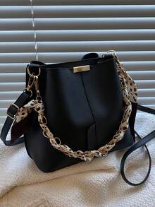 Women's PU Leather Bucket Bag With Chain Decor, Crossbody Bag - Black - View 2