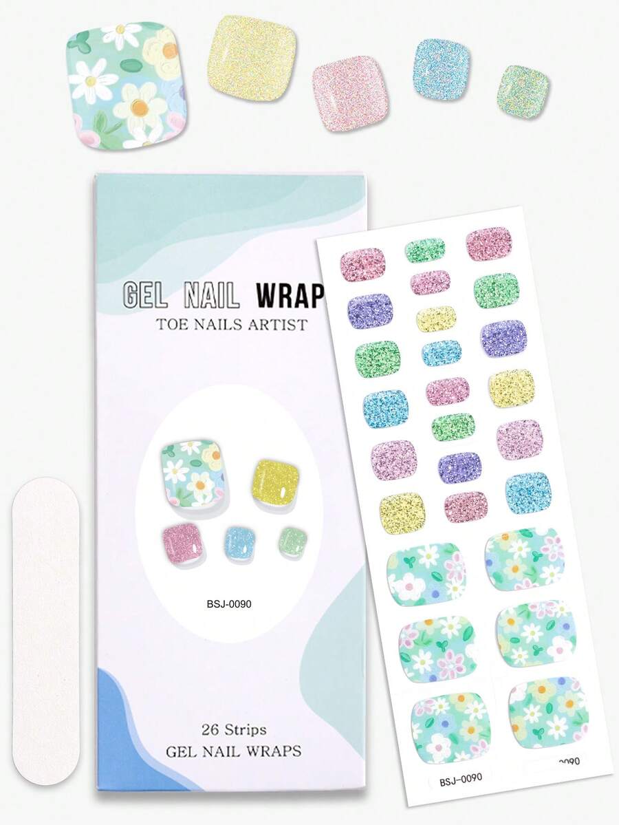 26pcs Semi Cure Gel Toe Nail Stickers, Green Nail Glitter Flower Self ...