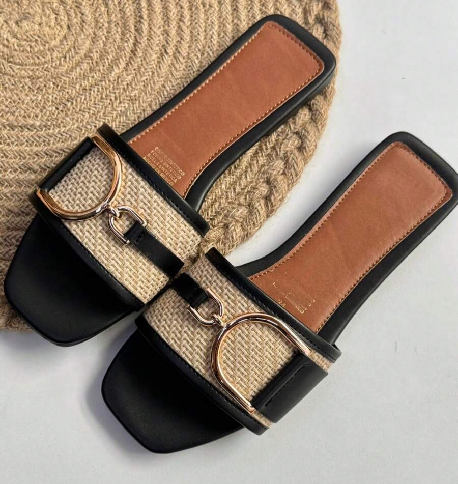 Sandalia plana Mujer casual Dama elegante formal e informal básicas Colores negro camel piel vegana talla 22mx-26mx con detalle en yute - Negro - Ver 1