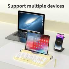 AJAZZ AF84薄膜键盘蒸汽复古朋克打字机ABS注塑84键卡槽支架圆形键帽无线蓝牙双模办公键盘操作简便即插即用快速响应低延迟可爱打字机女生键盘平板连接 - 彩色 - 查看 5