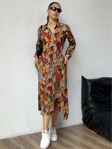 Vestido de verano con estampado retro, temperamento, cuello en V vuelto, botonadura sencilla, cintura alta, vestido camisero largo ajustado - Rojo - Ver 1