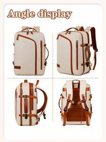 Khaki Oxford Cloth Casual Multifunctional Backpack, Unisex, No Print, Non-Washable, Dual Shoulder Straps, Large Capacity, Suitable For Travel And Outdoor Activities, Can Also Be Used As A School Bag To Store Study Supplies - Beige - View 4
