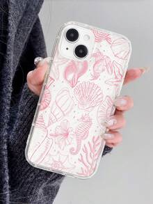 1 件简约线条艺术海洋元素花卉贝壳海星芙蓉花图案气囊防滑软手机壳适用于 11/12/13/14/15/16 Pro Max 防水防震防摔防刮 - 彩色 - 查看 1