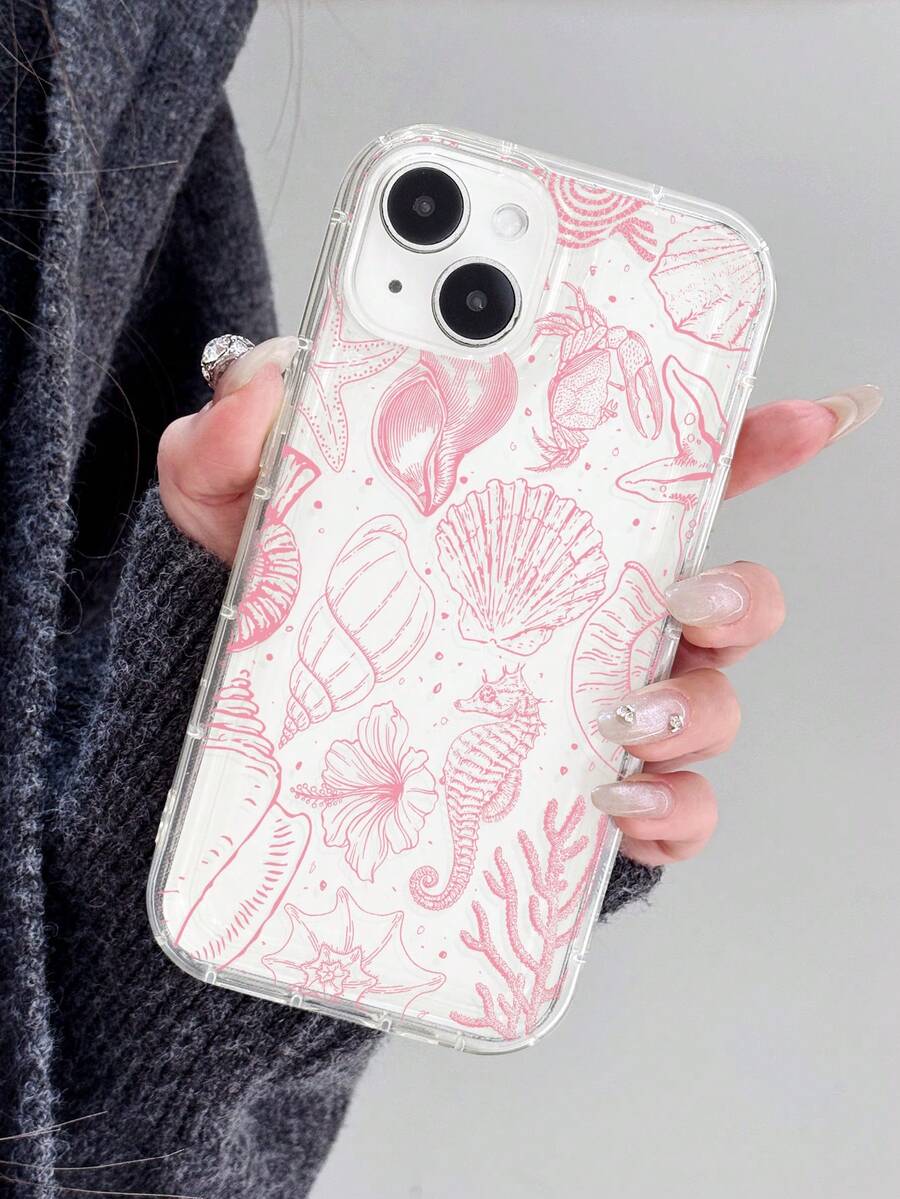 1 件简约线条艺术海洋元素花卉贝壳海星芙蓉花图案气囊防滑软手机壳适用于 11/12/13/14/15/16 Pro Max 防水防震防摔防刮 - 彩色 - 查看 1