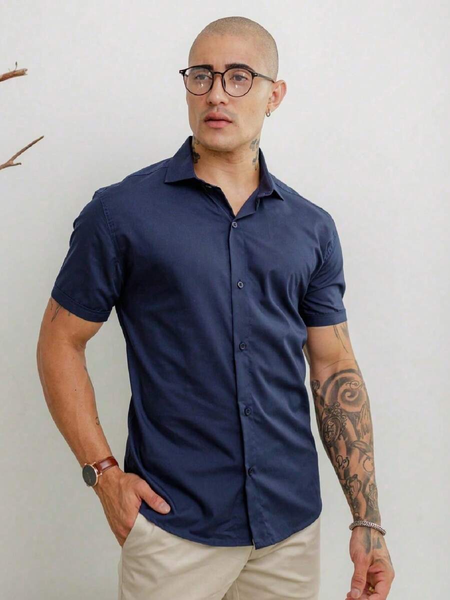 Men's Short Sleeve Shirt Elegant Casual Party Work - 水鴨藍 - 查看 1