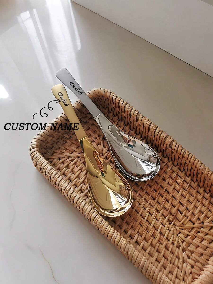 Personalized Customized Vintage Stainless Steel Teaspoon, Simple Hotel Restaurant Home Utensil Spoon, Gold & Silver Color Wedding Dinnerware With Engraved Logo