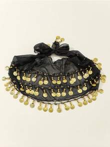 1 pieza Cadena de cintura para danza del vientre, Cinturón de malla metálica para decorar el body, Faja de cintura con monedas de oro para danza, Estilo bohemio - Negro - Ver 5
