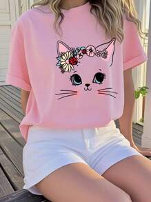 Tween Girls Casual Graphic Print Crew Neck Short Sleeve T-Shirt, Summer Tops