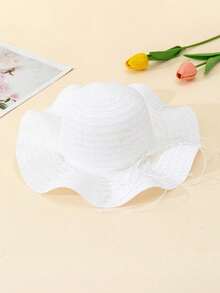 1pc Unisex Kids Grass Rope Bow Decor Simple Fashionable White Wavy Straw Hat, Suitable For Outdoor, Beach Vacation, Children Sun Ion Gift - White - View 2