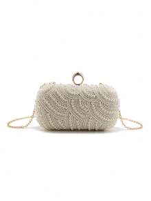 Finger Ring Metal Chain Shoulder Handbags Beading Rhinestones Embroidery Evening Bags Flap Design Pearl Handbags Shoulder Purse - Beige - View 4