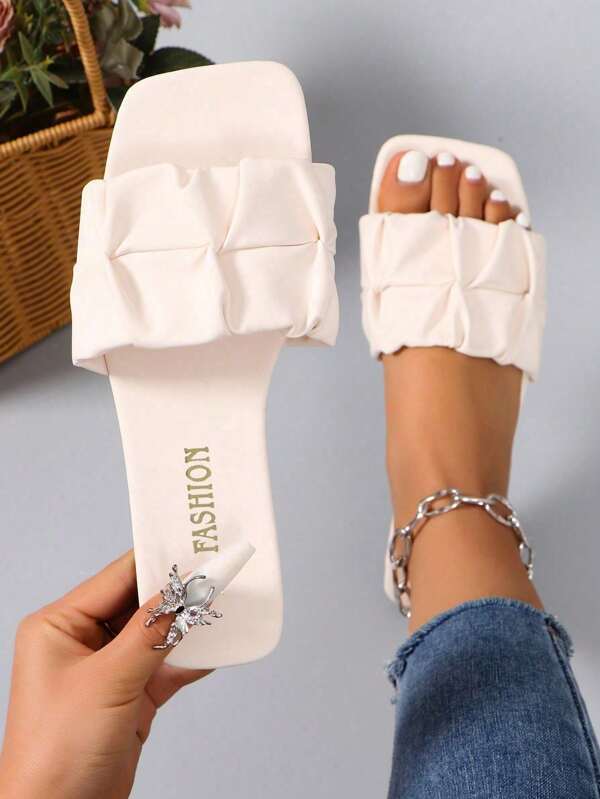 Women's New Summer Outdoor Fashion Versatile Non-Slip Flat Comfortable Sandals, Square-Toe Plus Size Beach Casual Slippers, Women's Simple One-Button Slip-On Slides