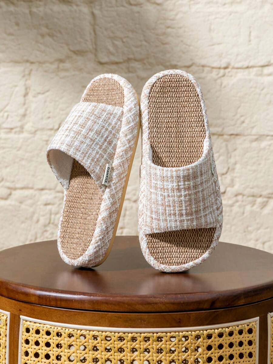 1 双男女通用时尚百搭亚麻防滑厚底休闲拖鞋，适合所有季节 - 咖啡棕 - 查看 1