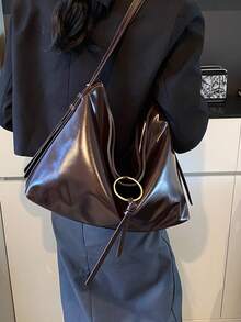 1pc Women's Retro Coffee Color Solid PU Leather Tassel And Ring Decor Fashion Casual Simple Shoulder/Tote Bag, Large Capacity Suitable For Shopping And Daily Use