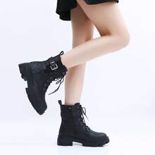GLOBALWIN Women's Combat Boots Lace Up Ankle Booties Comfortable Lug Sole Boots For Women Chunky Low Heel Fall Boots Halloween Season - 黑色 - 查看 10