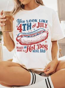 100% Cotton Women's Patriotic 4th Of July Graphic T-Shirt - "You Look Like The 4th Of July" Hot Dog Design, Casual Short Sleeve Round Neck Top For Spring/Summer