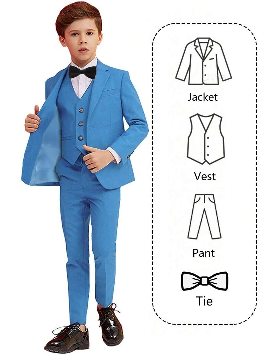 Boys Suits 4-Pieces Suit Set Toddler Tuxedos Dresswear Ring Bearer Outfit Wedding Blazer Vest Pants Tie Formal Suits For Kids Lake Blue Size 6-14Y