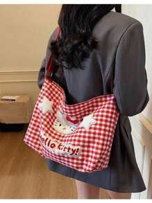 Sanrio Borsa a tracolla Sanrio Hello Kitty a quadri, borsa a cartone animato da donna, borsa in tela con grande capacità, borsa a tracolla per studenti e pendolari, per forniture scolastiche, back to school