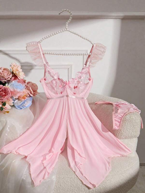 Set di 2 pezzi lingerie sexy e audace da donna, babydoll a canottiera con fiocchi, in pizzo ricamato a fiori, in tessuto a rete trasparente, abito da notte in chiffon fiorato con perizoma