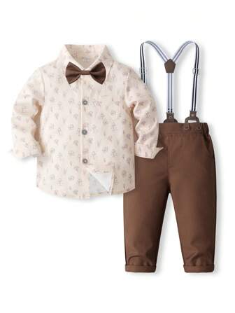 2pcs Gentleman Suit For Baby Boys, Includes Printed Long Sleeve Shirt With Bow Tie + Suspender Elastic Waist Pants, Fashionable And Stylish, Polyester Fabric, Suitable For Weddings, Festivals, Birthdays, Performances, Parties, And Formal Occasions
