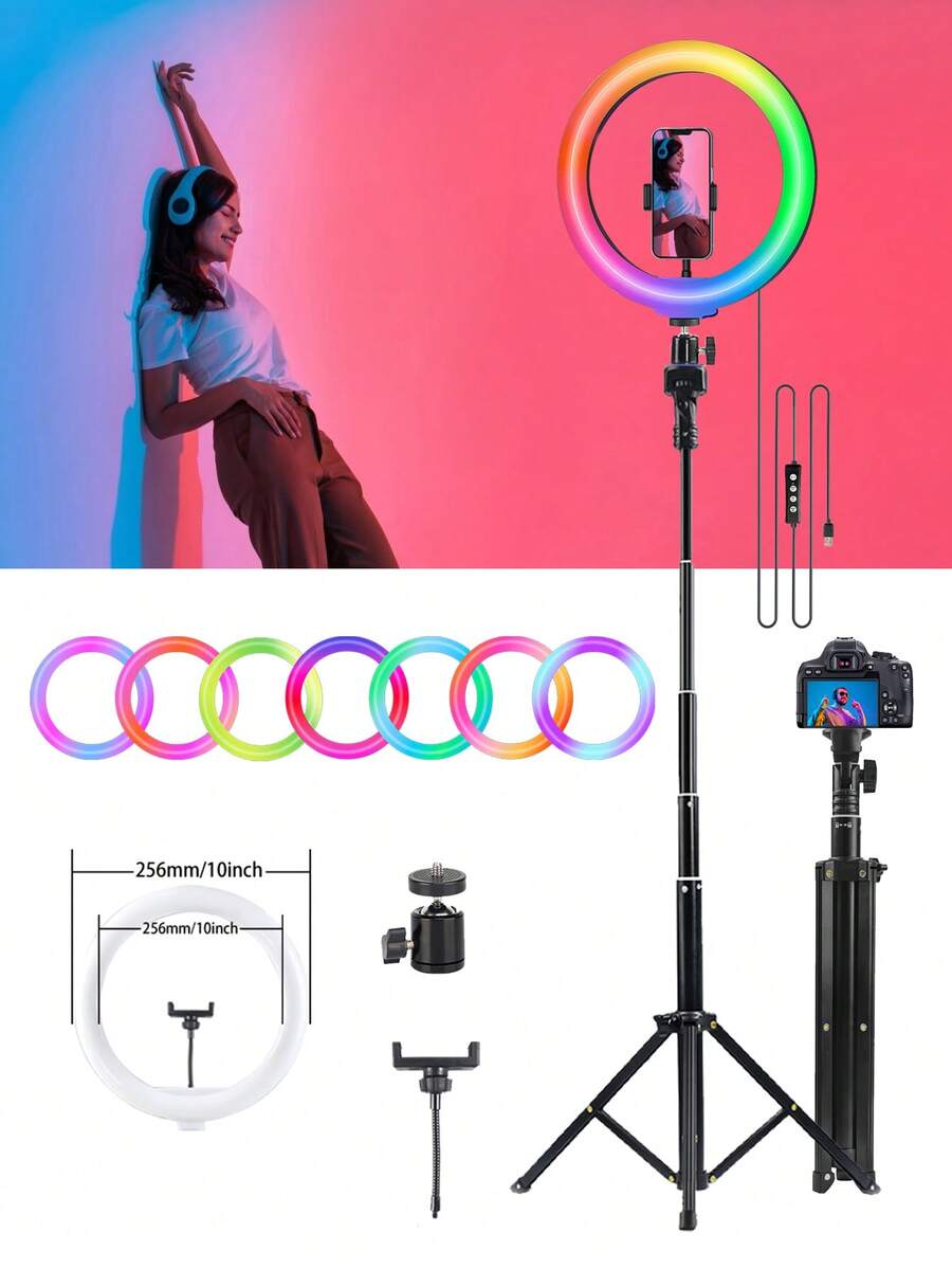 Versatile 10-Inch RGB LED Ring Light, 133CM Adjustable, USB-Powered For Pro Photos, Videos, And Live Streaming, Portable Light LED Light With Flexible Tripod Stand & Phone Holder For Photo Selfie Video Recording Zoom Meeting - RGB Colors - View 1