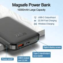 Batterie Externe sans Fil 10000 mAh 22,5W Petit Chargeur Portable Magnétique, Power Bank avec Support Charge Rapide USB-C Compatible pour Phone 15/14/13/12/Pro/Pro Max et Plus (Noir)