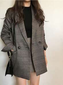 Popular Item: Choose From 2 Colors. Glen Check Tailored Jacket / Suit Jacket, Loose, Blouson - Cà phê nâu - Xem 1