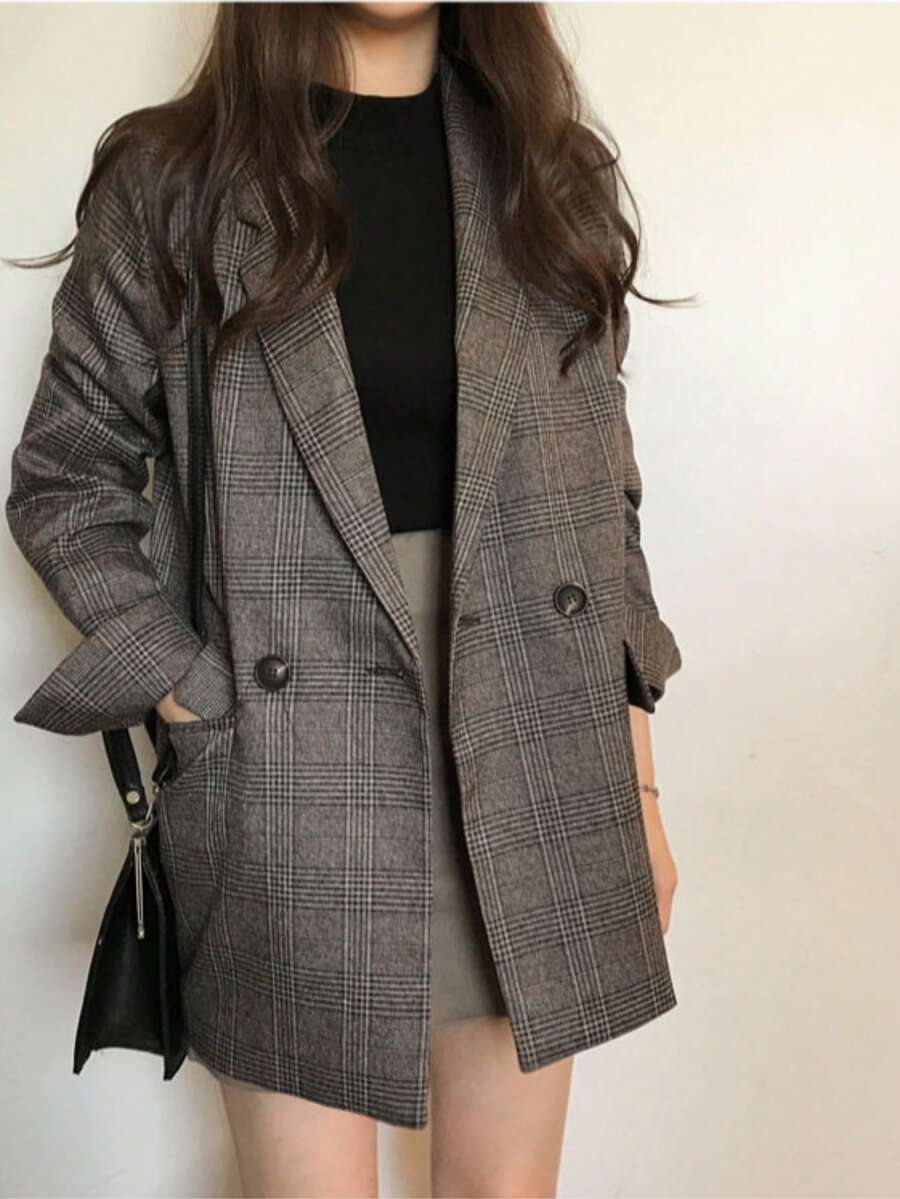 Popular Item: Choose From 2 Colors. Glen Check Tailored Jacket / Suit Jacket, Loose, Blouson - Cà phê nâu - Xem 1