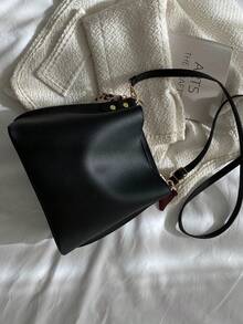 Women's PU Leather Bucket Bag With Chain Decor, Crossbody Bag - Black - View 5