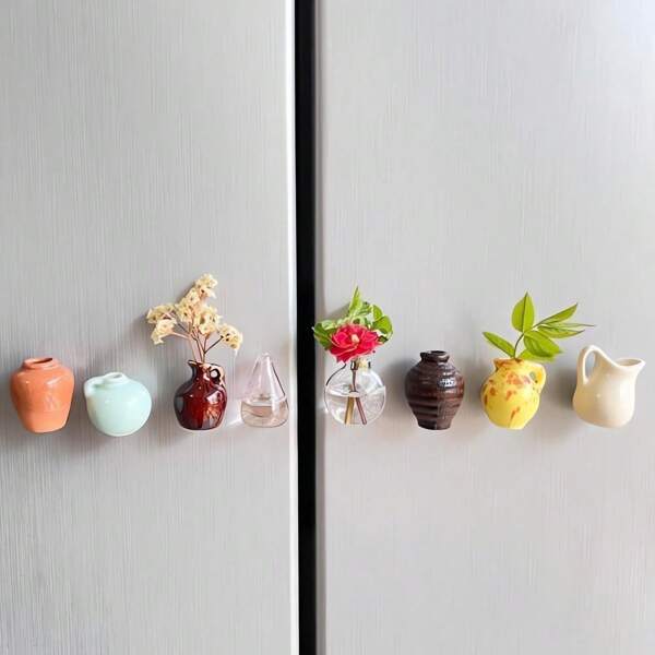 Lodówka Mini magnesy wazonowe, Mini ceramiczne magnesy wazonowe, Małe 3D akcesoria do wazonów roślinnych DIY Dekoracja Lodówka Dekoracja Kuchenna Szafka do przechowywania Biuro (Bez Kwiatów I Trawy)