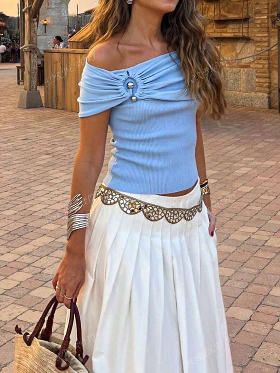 Blusa para mujer de primavera y verano, con hombros descubiertos, estilo informal y elegante para vacaciones, con diseño de anillo circular de un solo hombro, suéter tejido para conciertos