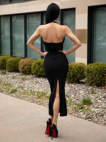 Carolina Barros Vestido largo para mujer con escote calado y espalda abierta, vestidos de verano para mujer - Negro - Ver 4