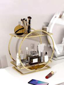 2-Tier Round Gold/Silver Makeup Organizer, Suitable For Bathroom Vanity, Countertop And Cabinet, Can Store Luxury Jewelry And Perfume, With Mirror, Fashionable Corner Decor, Birthday Decor, New Year Gift, Valentine's Day Gift - Gold - View 13
