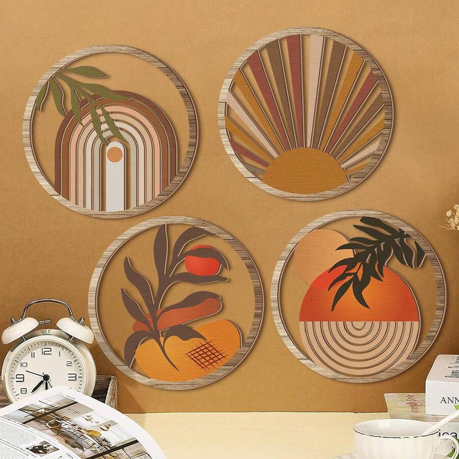 4件套波西米亚风木质植物墙面装饰挂盘，农舍几何悬挂装饰，简约木质艺术品，适合公寓（卧室自粘式） - 彩色 - 查看 1