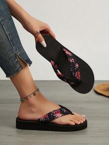 Women's Elegant & Comfortable Flat Flip Flops, Spring/Summer Fashion Ditsy Floral Beach Slippers, Casual Vacation Beach Sandals