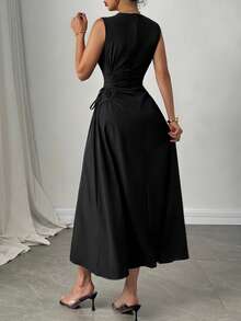 2025 Frühling/Sommer Neuer Europäischer & Amerikanischer Stil Einfarbiges Kleid mit Schnürung in Taille, elegantes Knielanges Kleid, Damen Ärmellos Hoch Tailliert A-Linie Kleid, Rundhalsausschnitt, feminin, geeignet für Alltag und Büro - Schwarz - Übersicht 3
