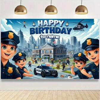 [Custom] Personalized Name & Birthday Party Background Cloth, Little Police Theme Photo Prop, Happy Birthday Polyester Banner Decor, Birthday Party Wall Decoration, Birthday Party Background Decor, Birthday Party Supplies