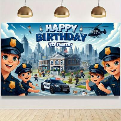 [Personalizado] Tela de fondo personalizada con nombre y fecha de cumpleaños, Prop de foto con tema de policía pequeño, Pancarta de poliéster para fiesta de cumpleaños "Feliz cumpleaños", Decoración de pared para fiesta de cumpleaños, Decoración de fondo para fiesta de cumpleaños, Suministros para fiesta de cumpleaños
