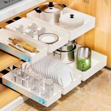Organizer estraibile per mobiletti - Cassetti scorrevoli extra forti con pellicola adesiva per stoccaggio in cucina e mobiletti, design in plastica bianca multicomparto per spezie, utensili e stoviglie, per mobiletti da cucina